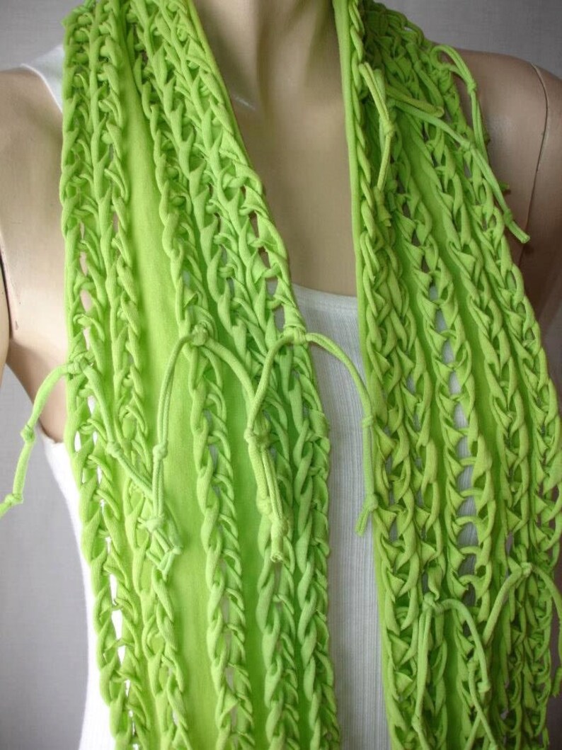 eternity scarf. womens or mens shredded braided jersey tshirt scarf , infinity scarf , eternity scarf. 5 braid. chartreuse. lime green image 4