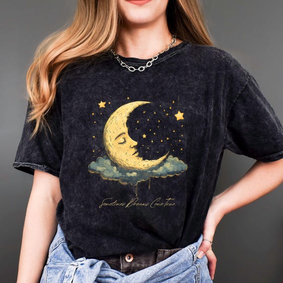 Sometimes Dreams Come True Celestial Moon Unisex Mineral Wash TShirt, Witch, Boho, Astrology, Wicca, Pagan, occult, mystical
