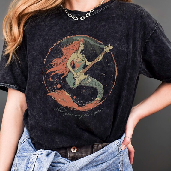 Find Your Magickal Groove Mermaid playing bass guitar, Mineral Wash T-Shirt, vintage style, musician, mythical, highly unique, boho