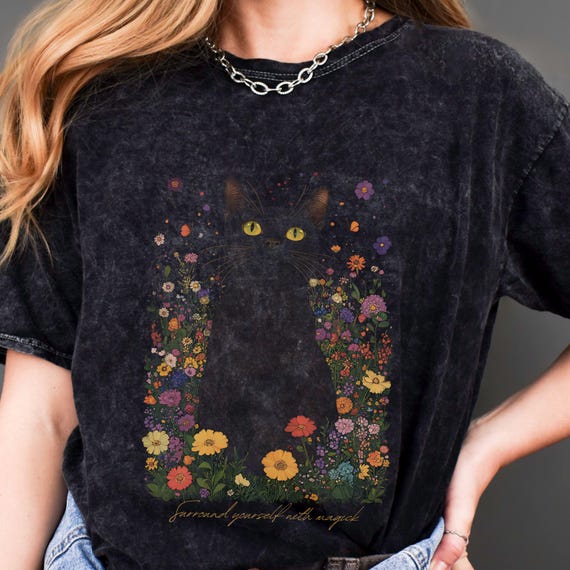Surround Yourself With Magick Cat Floral Mineral Wash T-Shirt, Cozy Vintage Tee, Cat Lover Gift, Nature Inspired Apparel, Flowers, Wicca