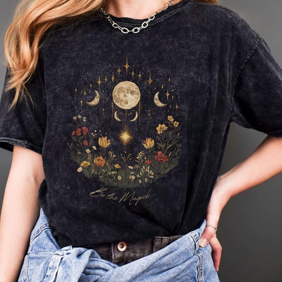 Be The Magick Celestial Moon Floral Mineral Wash T-Shirt, Boho Tee, Witch, Wicca, Pagan, Occult, Magic, Magick, Witchcraft, Hippie