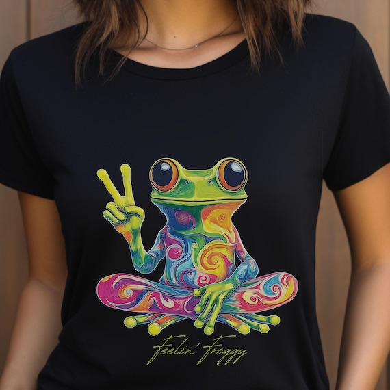 Feelin' Froggy Psychedelic Frog T-Shirt, Colorful Animal Tee, Unisex Graphic Shirt, Nature Lover, Eco-Friendly Apparel, weird, hippie