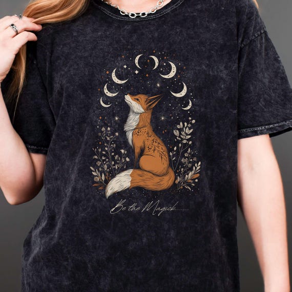 Be The Magick Boho Moonphase Fox Unisex Mineral Wash Tshirt, Nature Inspired Apparel, Celestial, Moon, Wicca, Pagan, Witch, Occult