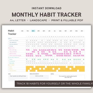 Monthly Habit Tracker Printable Journal Page. Habit Tracker, Health Tracker, Monthly Goal Tracker, Fitness Tracker, Printable Planner Page.