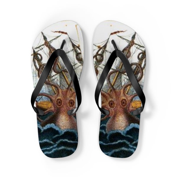 RELEASE THE KRAKEN! Taking a ship down....'cause that's what they do Octopus , Giant Squid On Black Flip Flops For Beach or Spa Shoes Black