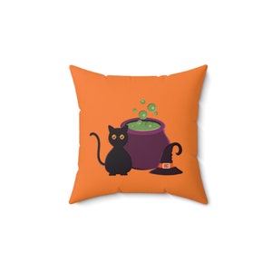 Pillow ~ Black Cat With Cauldron and Witch Hat ~  Halloween All Year Long!  On a Square Pillow (Pillow Included!) Various Sizes