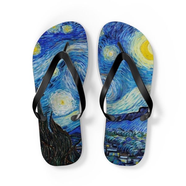 Vincent Van Gogh's The Starry Night (1889). Famous Masterpiece Painting on Flip Flops Thong Shoes For Beach or Spa Shoes