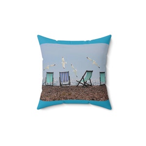 Beach Chairs & Seagulls Pillow: Coastal Ocean Scene