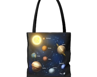 May include: Black tote bag featuring a colorful illustration of the solar system, including the sun, planets, and their orbits. The planets are labeled with their names. The bag has black handles.