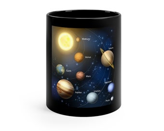 Ceramic MUG ~ Planets Science Solar System Sun ~On A Black Coffee Mug ~