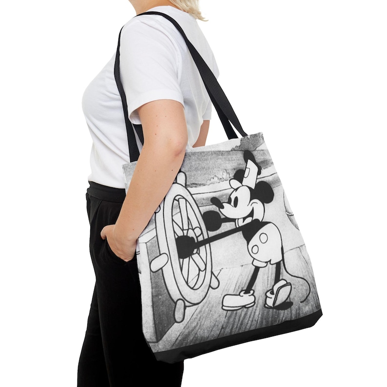 Borsa tote Steamboat Willie Topolino / Cartone animato vintage in bianco e nero AOP immagine 14