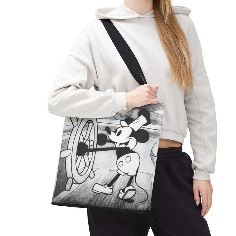 Borsa tote Steamboat Willie Topolino / Cartone animato vintage in bianco e nero AOP immagine 11