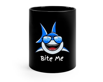 Shark Cartoon "Bite Me" Black Ceramic Mug - Shark Week