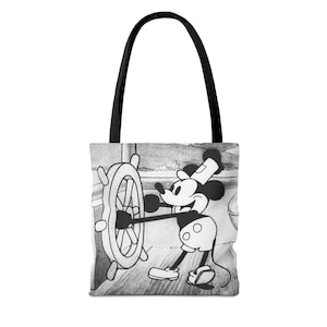 Borsa tote Steamboat Willie Topolino / Cartone animato vintage in bianco e nero AOP immagine 1