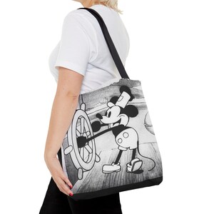 Borsa tote Steamboat Willie Topolino / Cartone animato vintage in bianco e nero AOP immagine 8