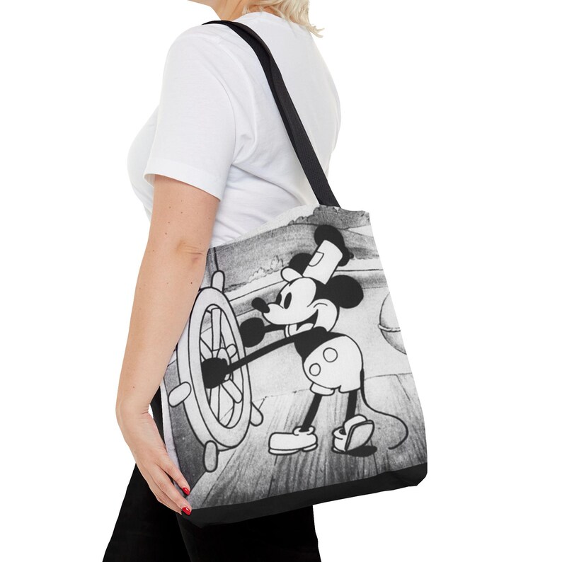Borsa tote Steamboat Willie Topolino / Cartone animato vintage in bianco e nero AOP immagine 8