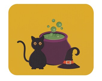 Tappetino per mouse di Halloween: gatto nero, cappello da strega, calderone
