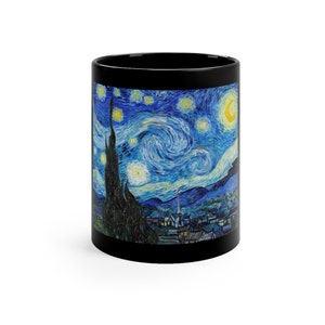 May include: Black ceramic mug with a colorful image of Vincent van Gogh's "Starry Night" painting. The painting depicts a swirling night sky with a crescent moon and stars.