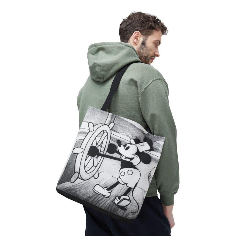 Borsa tote Steamboat Willie Topolino / Cartone animato vintage in bianco e nero AOP immagine 10
