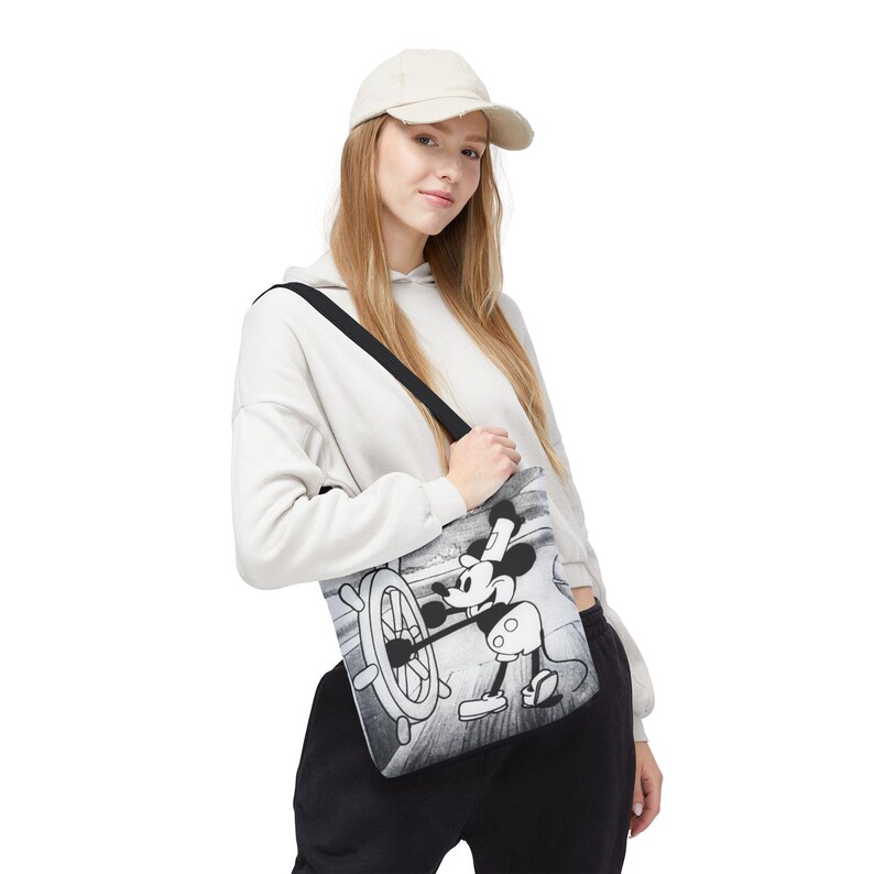 Borsa tote Steamboat Willie Topolino / Cartone animato vintage in bianco e nero AOP immagine 2