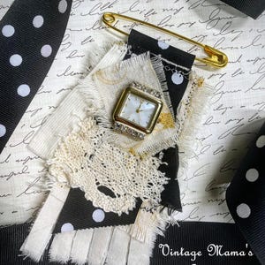 Boho Fiber Art Brooch: Vintage Lace, Buttons & Watch Face