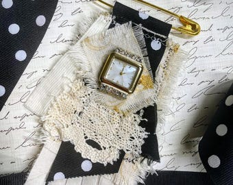 Boho Fiber Art Brooch: Vintage Lace, Buttons & Watch Face