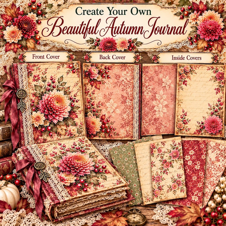Elegant Autumn Junk Journal Kit Printable, Vintage Fall Journal Pages ...