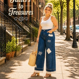 May include: A woman wearing a white tank top and wide-leg denim jeans with patches and lace trim, carrying a straw tote bag. The image has the text "Tatters to Treasures" in a decorative font.