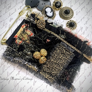 Black Lace Fiber Art Brooch: Vintage Button Boho Pin