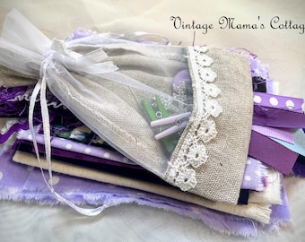 Purple & Blue Slow Stitching Kit: Vintage Fabric Collage, Ephemera