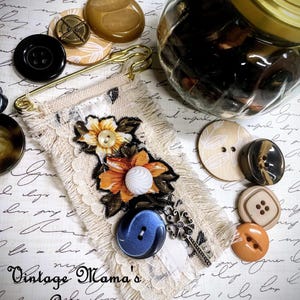 Boho Fiber Art Brooch: Ivory Lace, Vintage Buttons & Key Charm