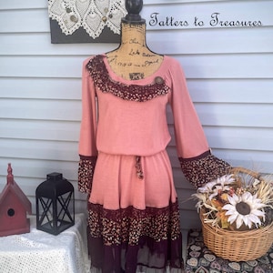 Refashioned Mini Dress Lightweight Peach Brown Ruffles Lightweight Knit SIZE SMALL