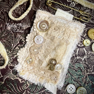 Ivory Lace Fiber Art Brooch: Vintage Button Boho Pin