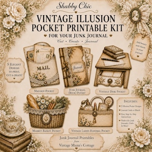 May include: A Shabby Chic vintage illusion pocket printable kit for junk journals featuring five designs: a mailbox pocket, a journal book pocket, a vintage desk pocket, a market basket pocket, and a vintage ladies handbag pocket with floral accents.