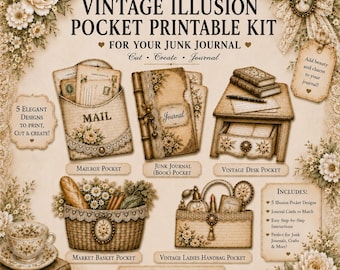 Kit imprimible de bolsillo Vintage Illusion para diarios creativos, 5 plantillas de bolsillo, efímero shabby chic, descarga digital instantánea, imprimibles para diarios.
