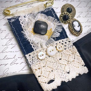 Denim & Lace Fiber Art Brooch: Vintage Button Boho Pin