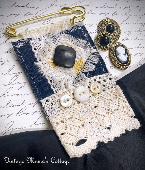 Denim & Lace Fiber Art Brooch: Vintage Button Boho Pin