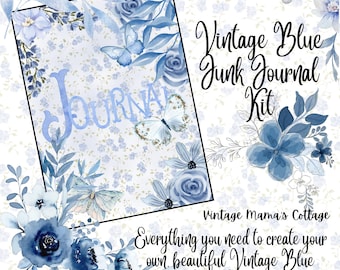 Kit vintage BLUE Junk Journal : embellissements imprimables DIY (téléchargement numérique)