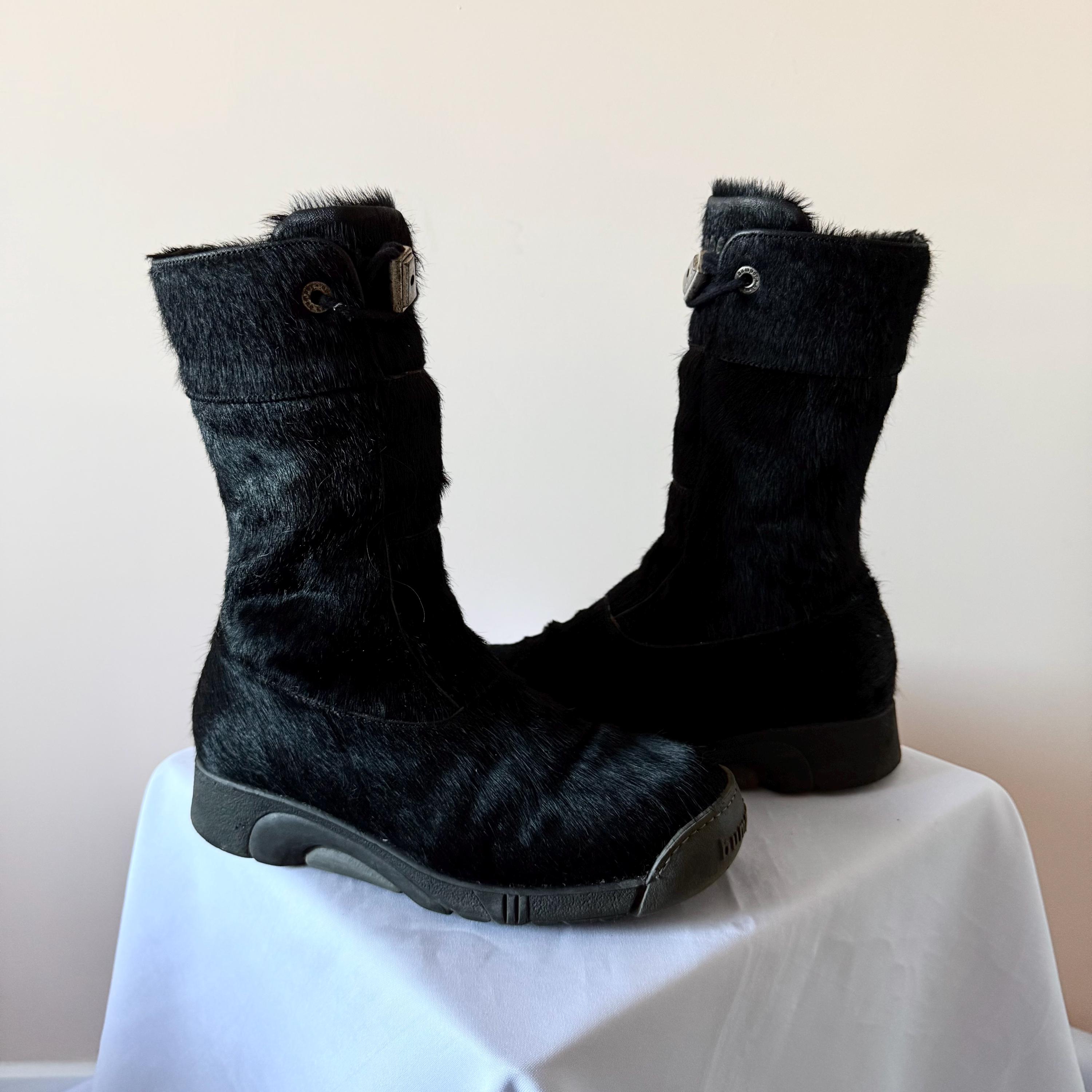 Vintage Y2K Bumper Pony Fur Black Lace up Boots Women's Size EUR