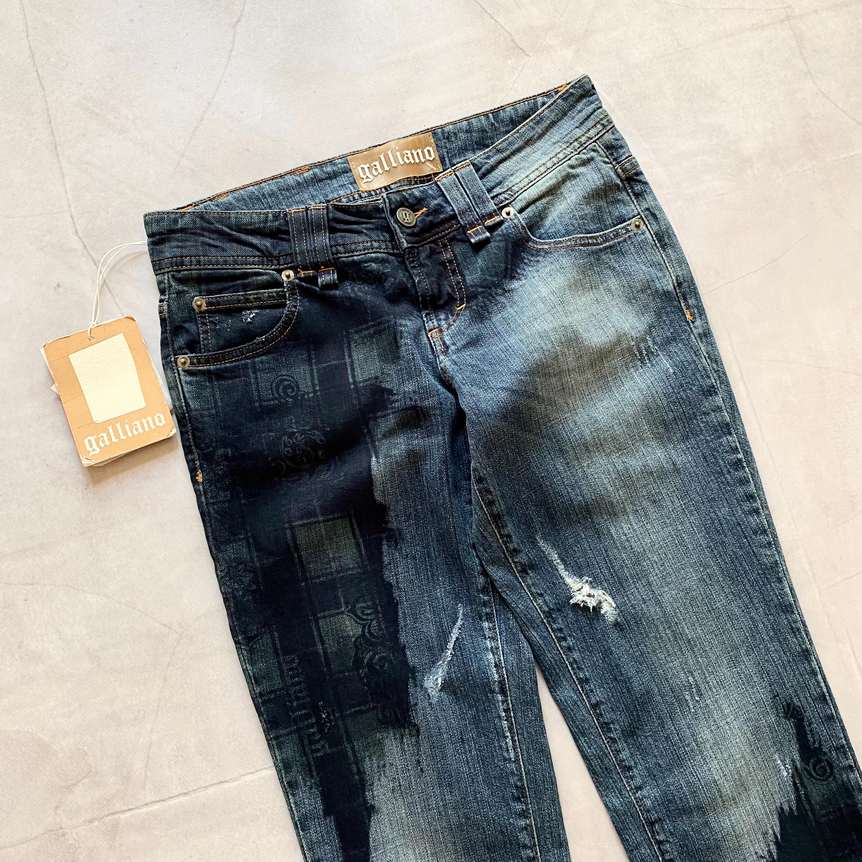 John Galliano Distressed Logo Jeans - Y2K Painted Denim, Size 26