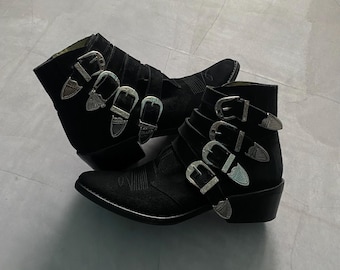 Toga Pulla Black Suede Western Boots: Four Buckle Y2K, EUR 38 - Etsy