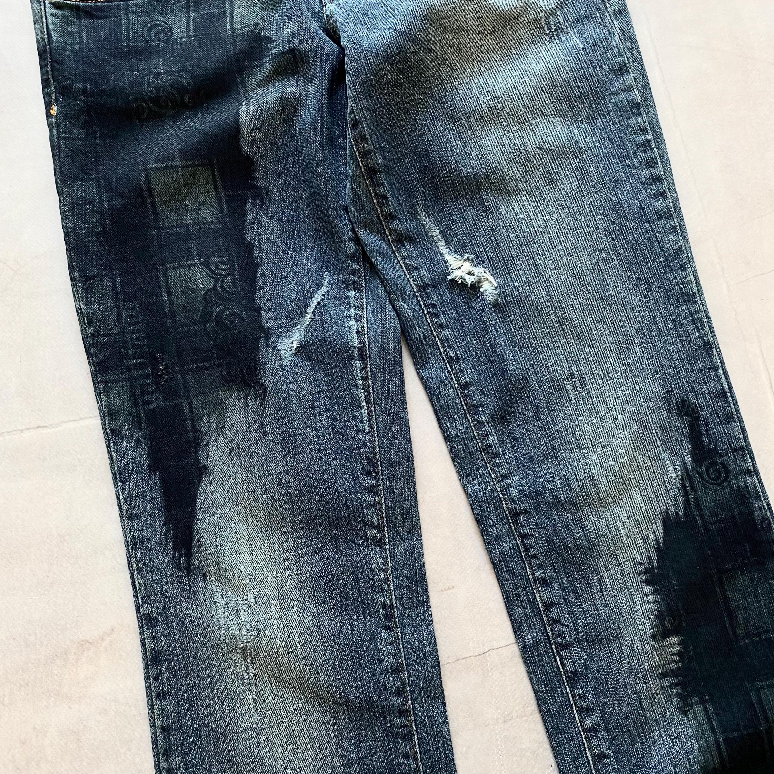 John Galliano Distressed Logo Jeans - Y2K Painted Denim, Size 26
