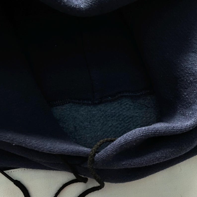 May include: A navy blue hooded sweatshirt with a dark blue fleece lining. The hood is pulled up and the drawstring is visible.