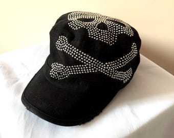 Y2K Studded Skeleton Skull Distressed Cadet Cap Hat Y3 Style