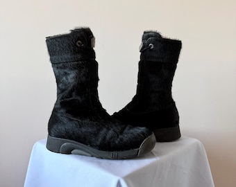 Vintage Y2K Bumper Pony Fur Black Lace Up Boots Women’s Size EUR 38