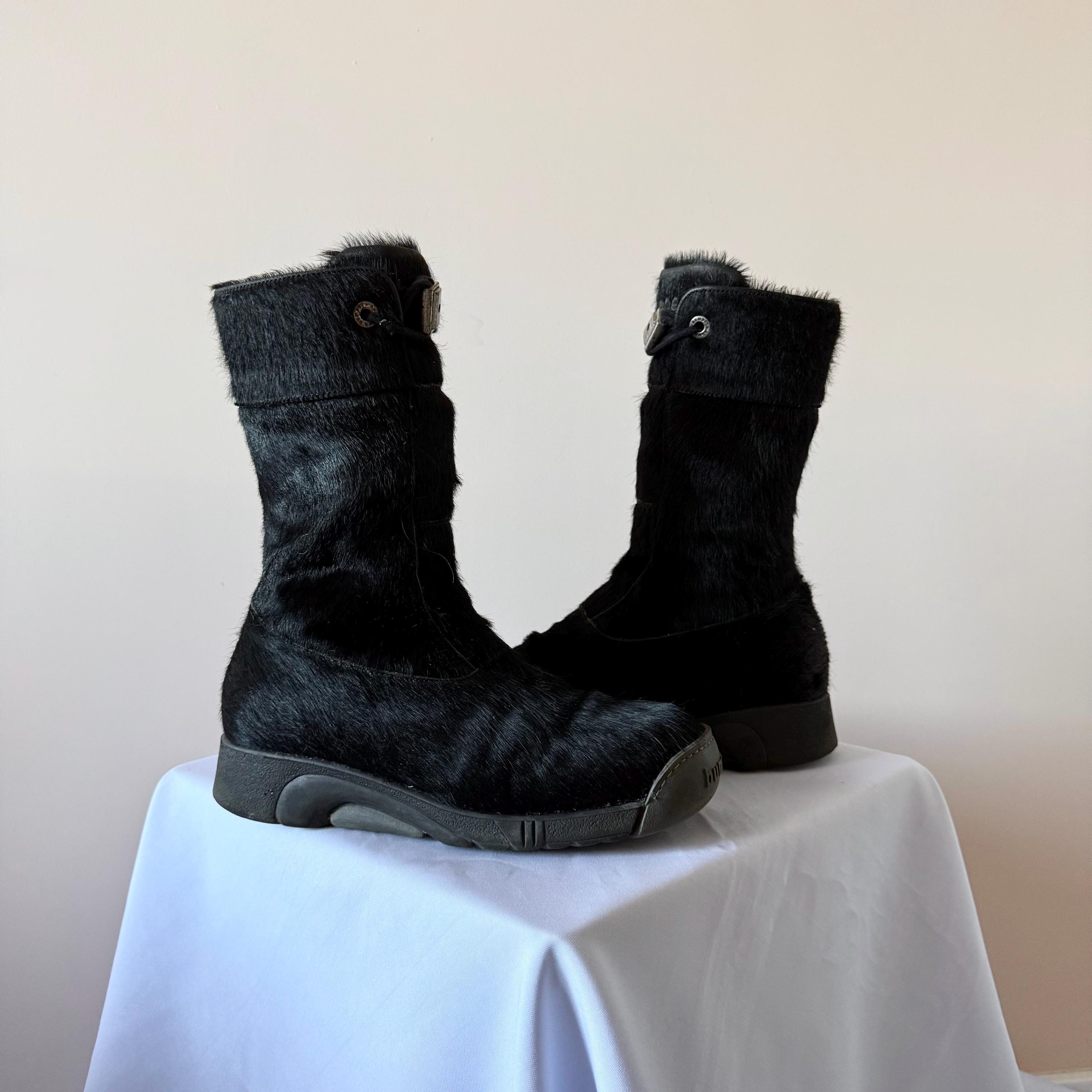 Vintage Y2K Bumper Pony Fur Black Lace up Boots Women's Size EUR