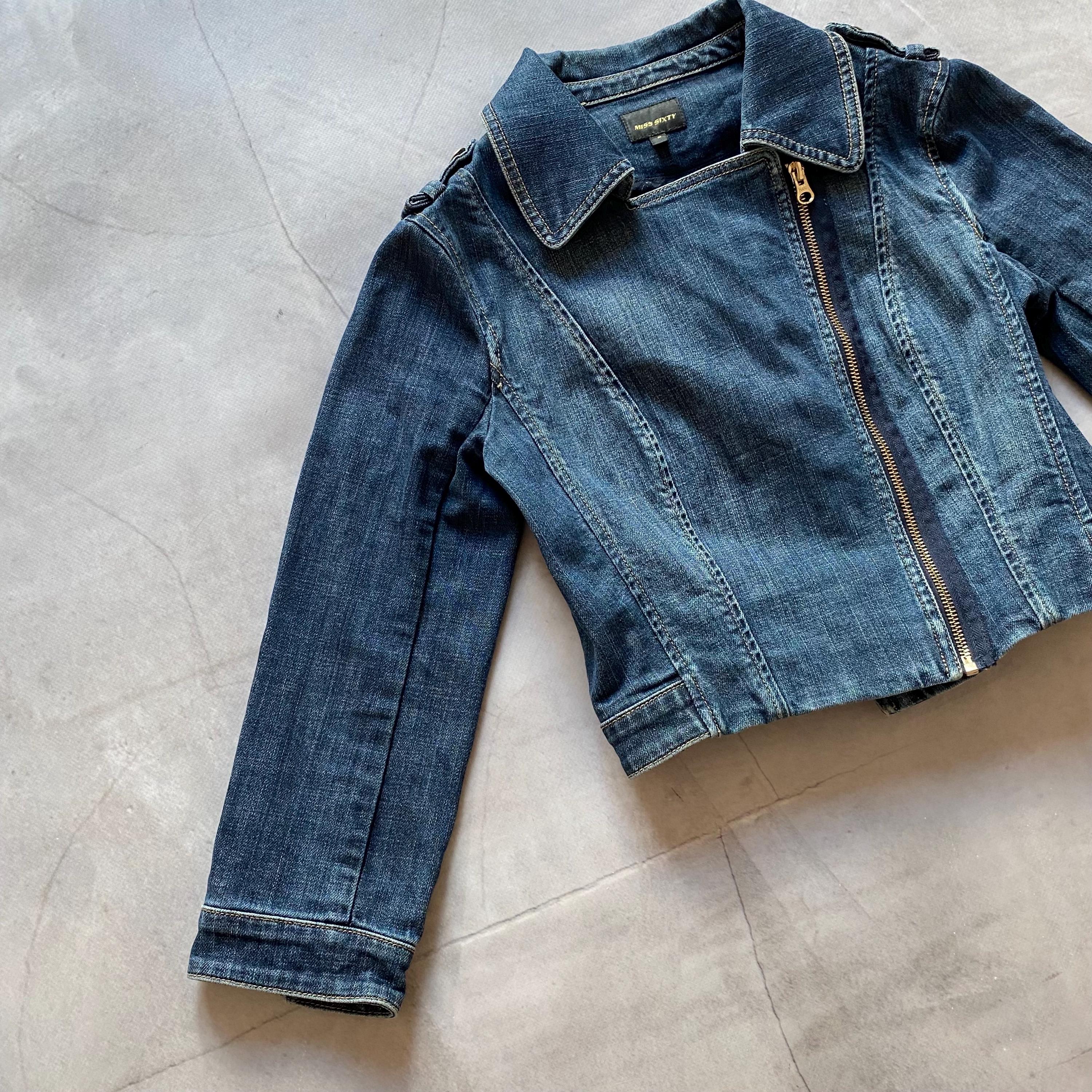 レア　MISS SIXTY デニムジャケット X SMALL Japan Miss Sixty Cropped Asymmetrical Zip Denim Biker Jacket Y2K