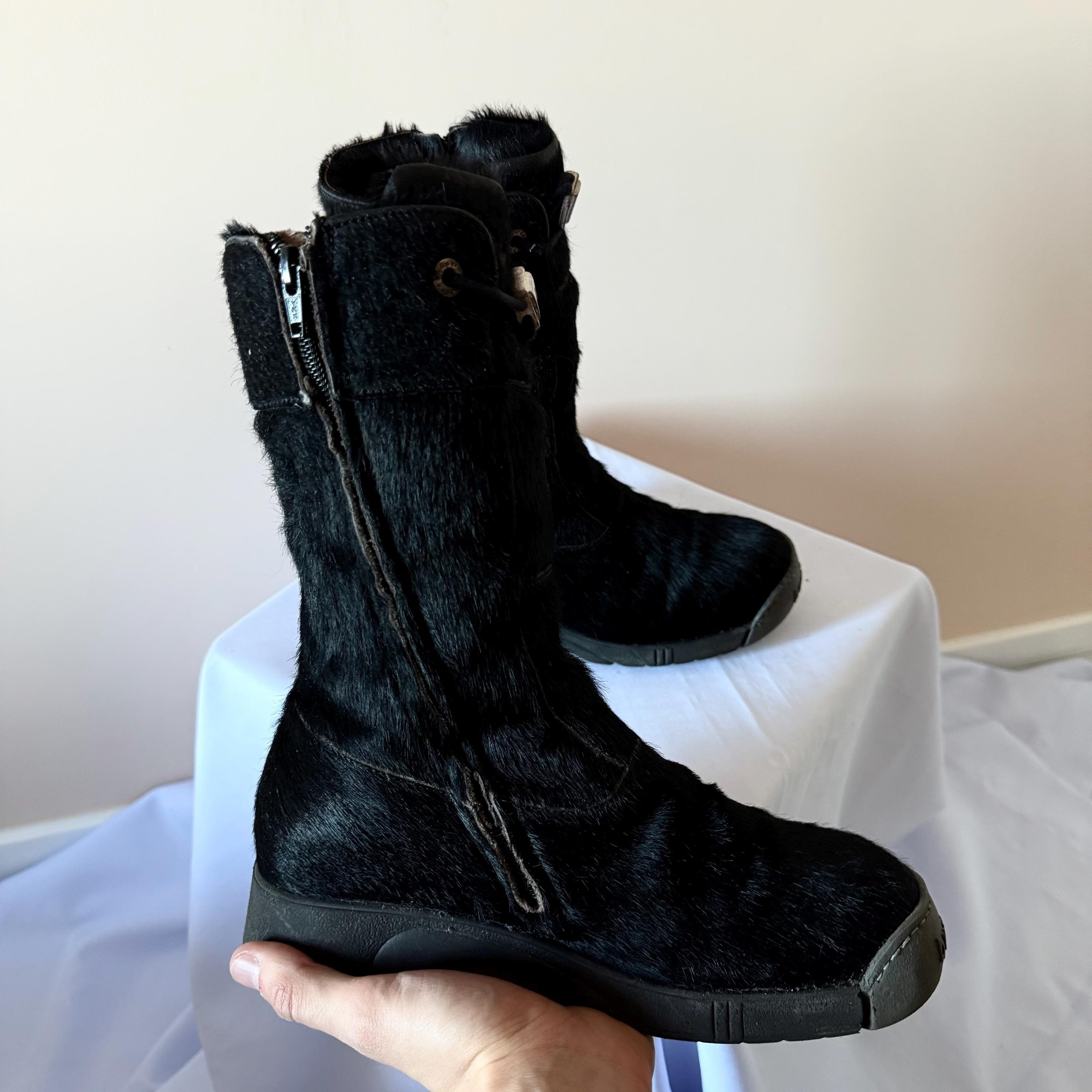 Vintage Y2K Bumper Pony Fur Black Lace up Boots Women's Size EUR