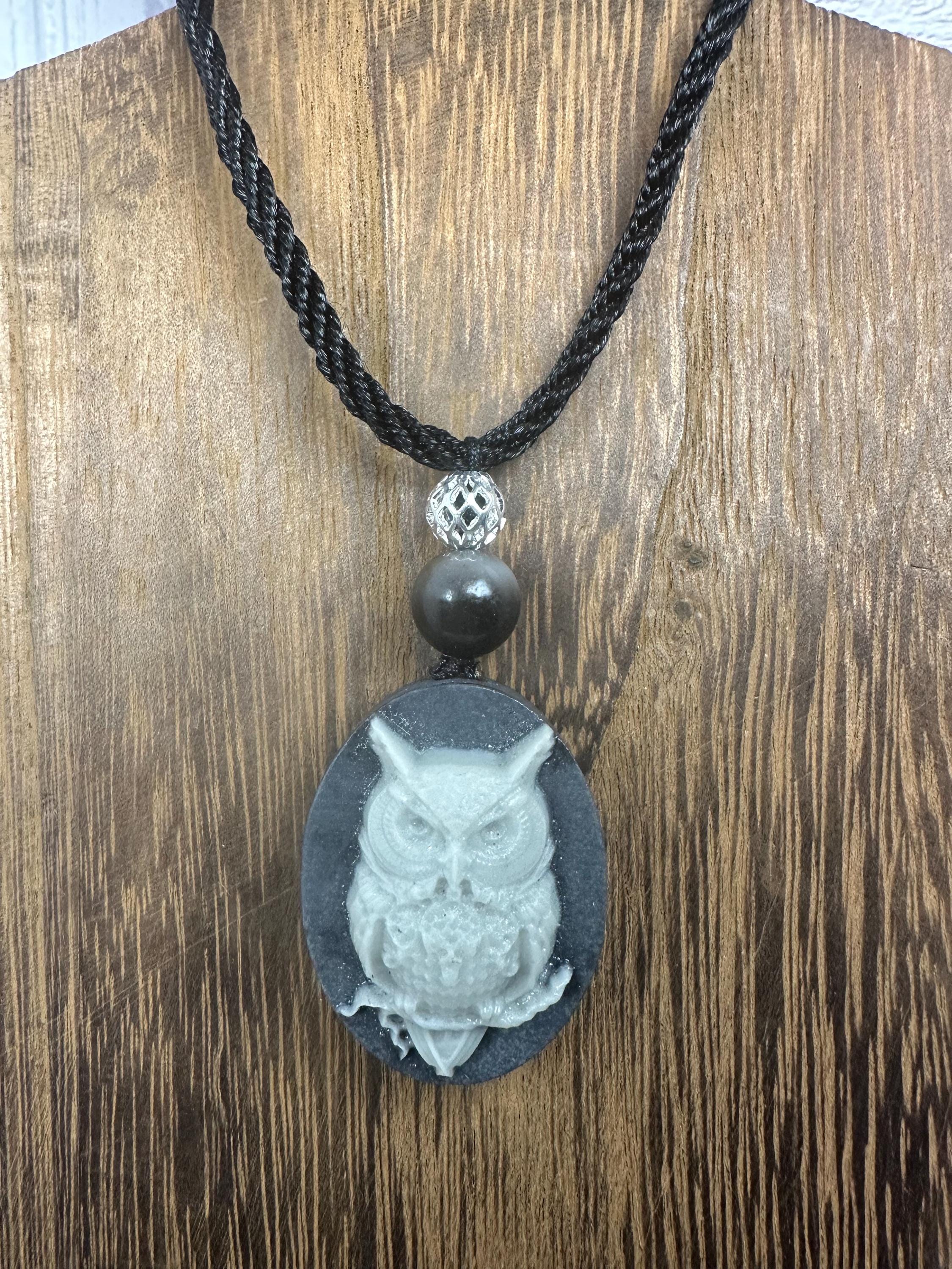Tai Chi Stone Owl Pendant Necklace, Black Adjustable Rope