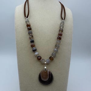 Botswana Agate Pendant and Beaded Necklace on Brown Faux Leather Double Rope